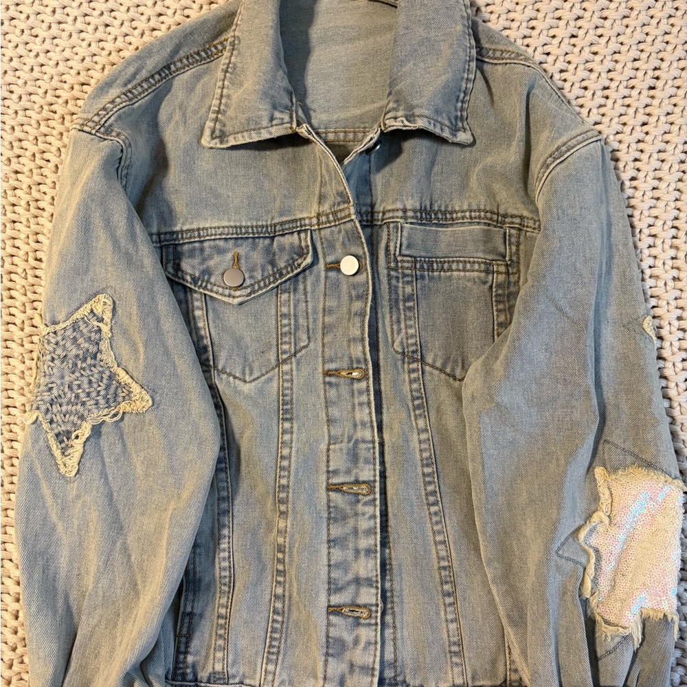 Light Blue Denim Jacket with Star Accents